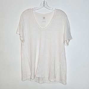 Linen T-Shirt Beachy Boho Lagenlook V-Neck Cream Large